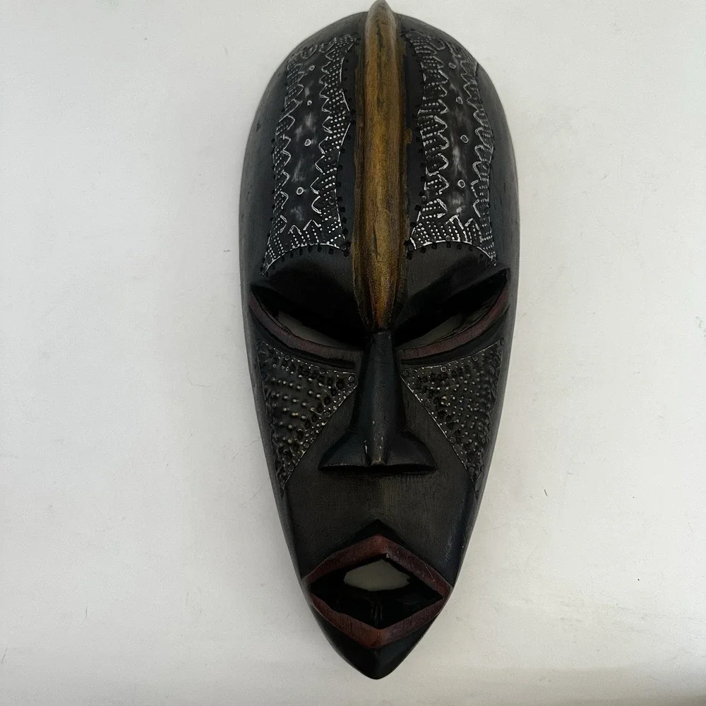 Hand Carved Ghanaian Elongated Face Mask Sese Wood‎ Aluminum Copper 14 Inches